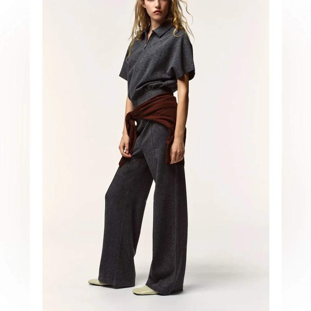 Zara NWT 2 piece matching pants set charcoal gray zipper front collared top